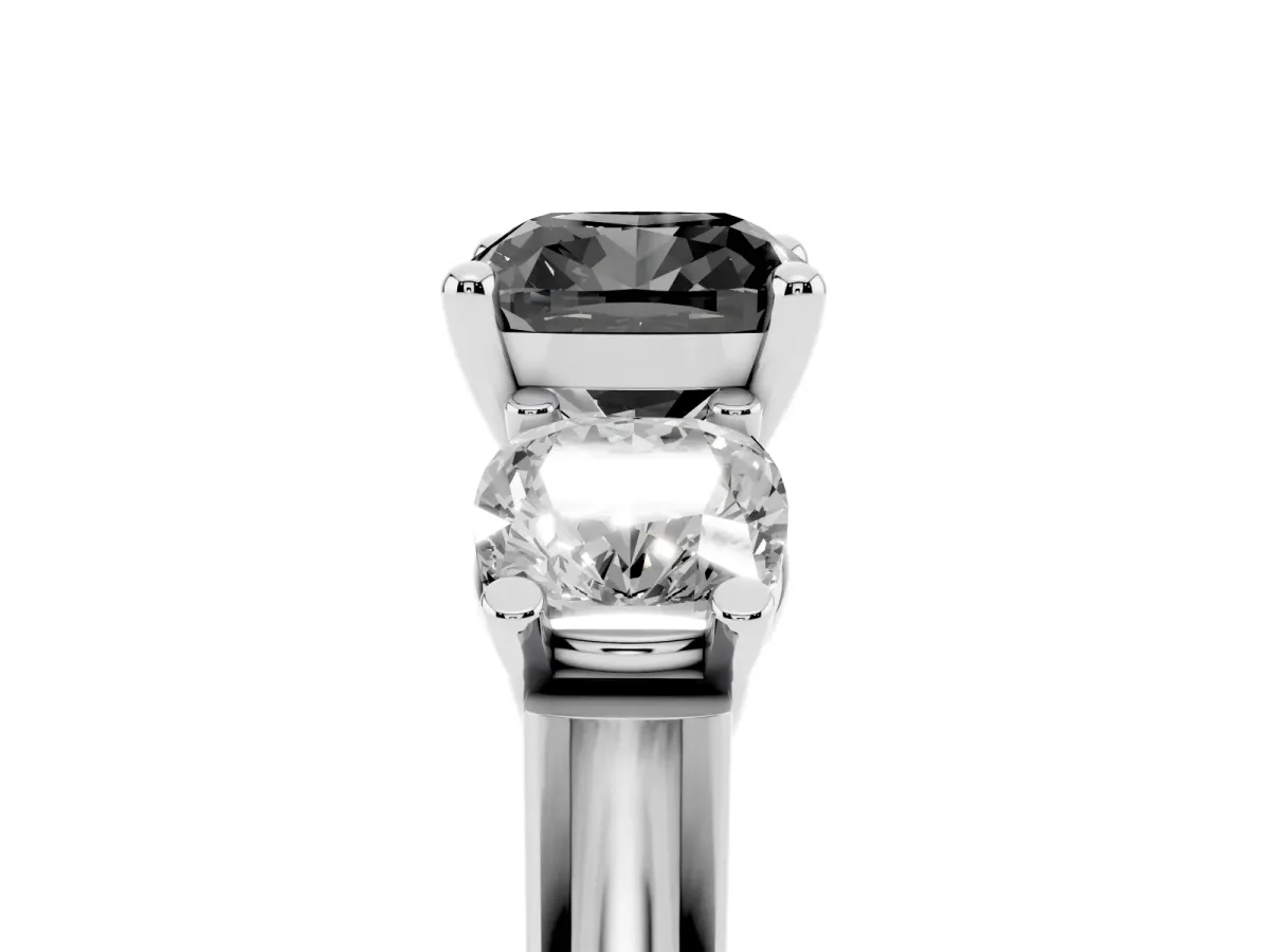 Fancy Black Three-Stone Cushion Cut Brilliant Diamond Trellis Ring with Comfort Fit Band Silver