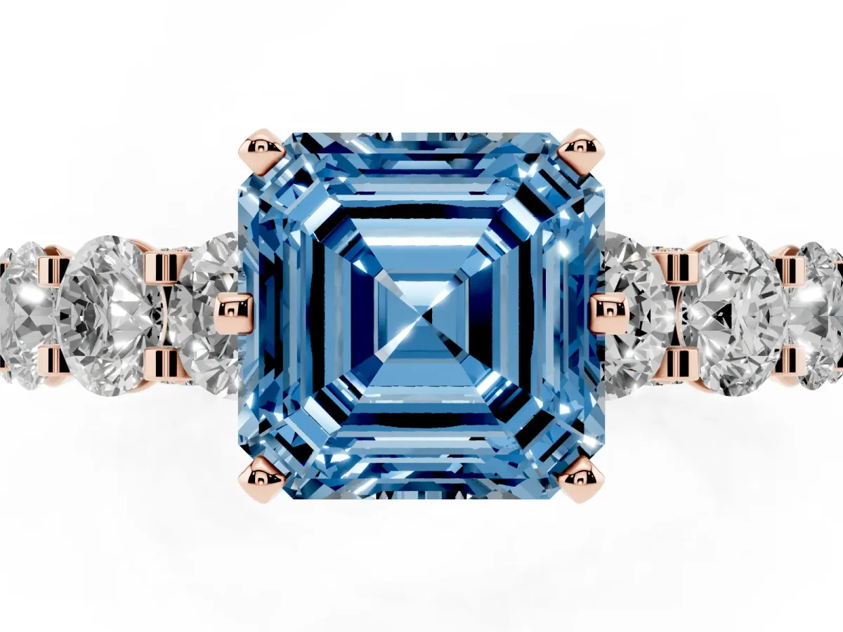 Fancy Blue Asscher Cut Diamond Side Stone Engagement Ring with Four-Prong Setting Rose gold