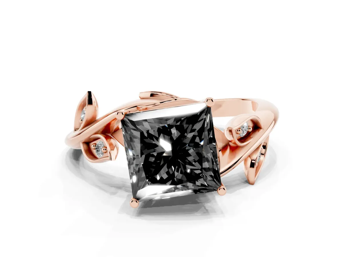 Fancy Black Princess Cut Solitaire Twist Engagement Ring with Leaf Accents and Prong Setting Rose gold