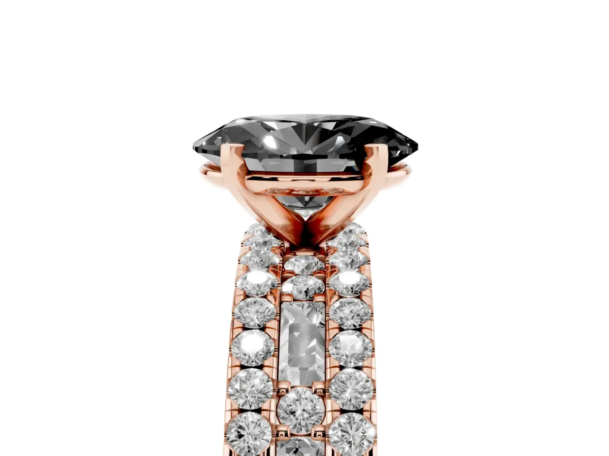 Fancy Black Oval Cut Diamond Solitaire Ring with Pavé and Channel Set Band Rose gold