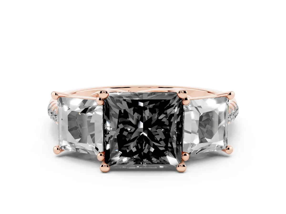 Fancy Black Three-Stone Princess Cut Diamond Ring with Round Pavé Band and Prong Setting Rose gold