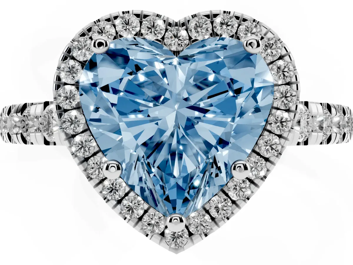Fancy Blue Heart Cut Diamond Halo Ring with Pavé Band and Four-Prong Setting White gold
