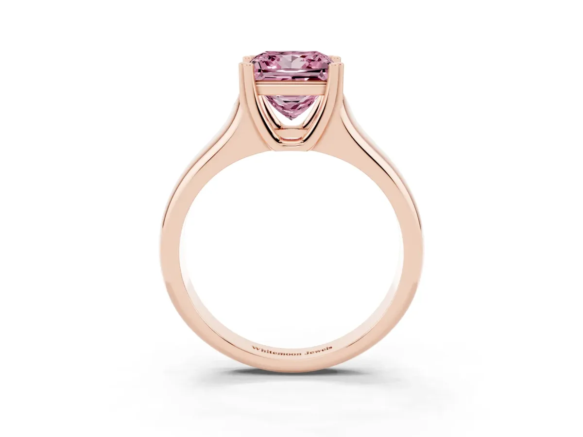 Fancy Pink Princess Cut Diamond Solitaire Ring with Wide Band and Prong Setting Rose gold