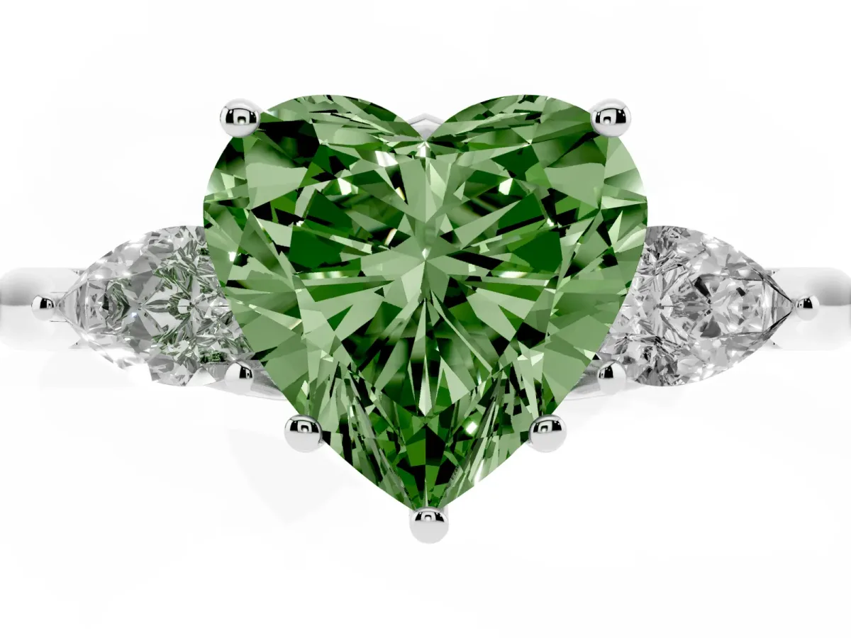 Fancy Green Heart Cut Diamond Three-Stone Ring with Pear Side Stones and Prong Setting Platinum