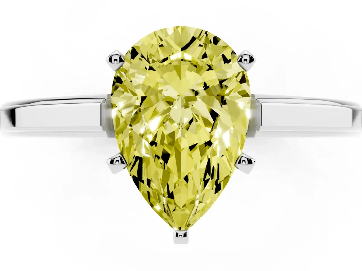 Fancy Yellow Pear Cut Solitaire Diamond Ring with Four-Prong Setting and Classic Band Platinum