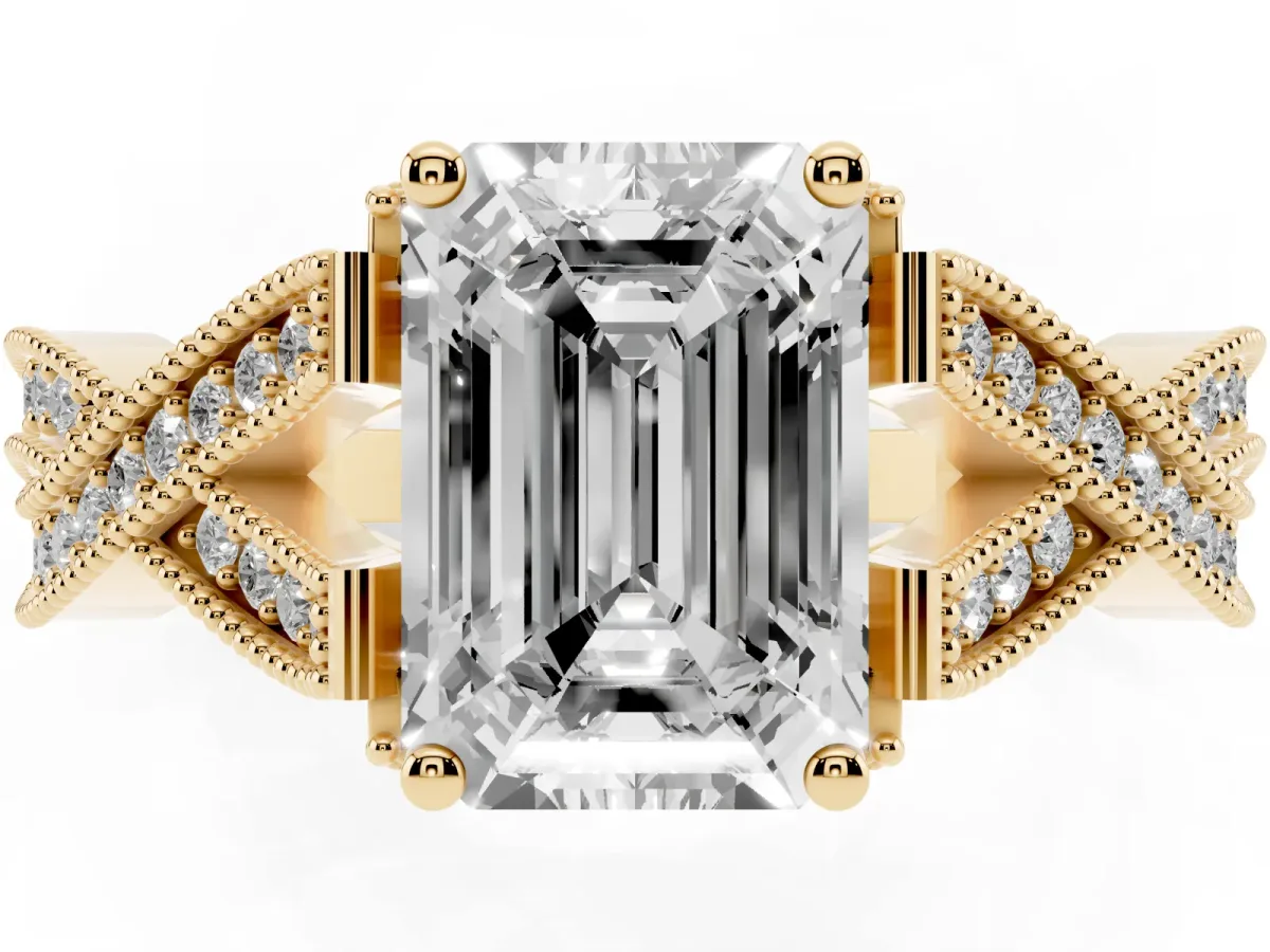 Emerald Cut Cut Diamond Twisted Band with Milgrain Pave Setting and Four-Prong Setting Yellow gold