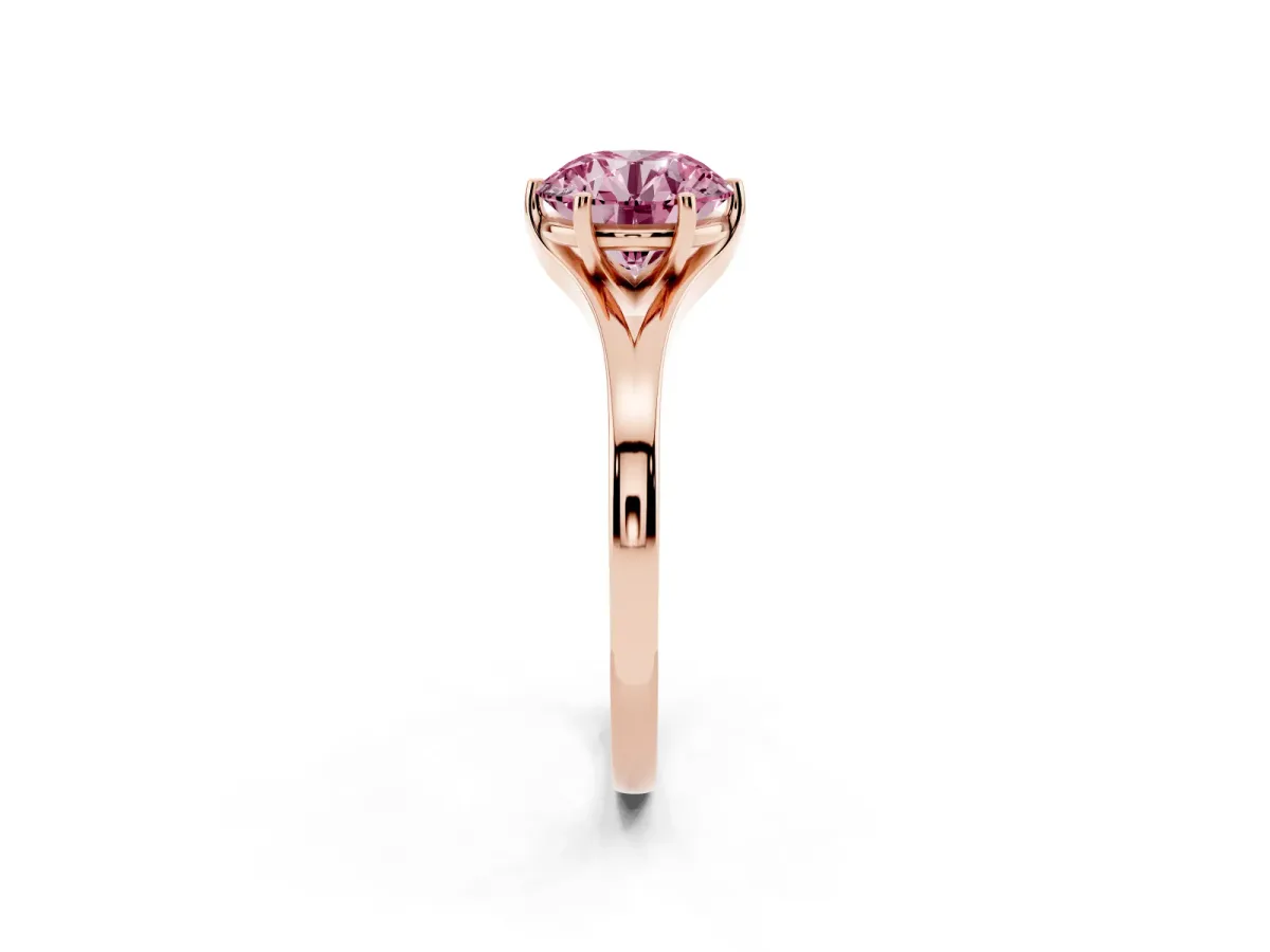 Fancy Pink Round Cut Solitaire Diamond Ring with Six-Prong Setting and Tapered Band Rose gold