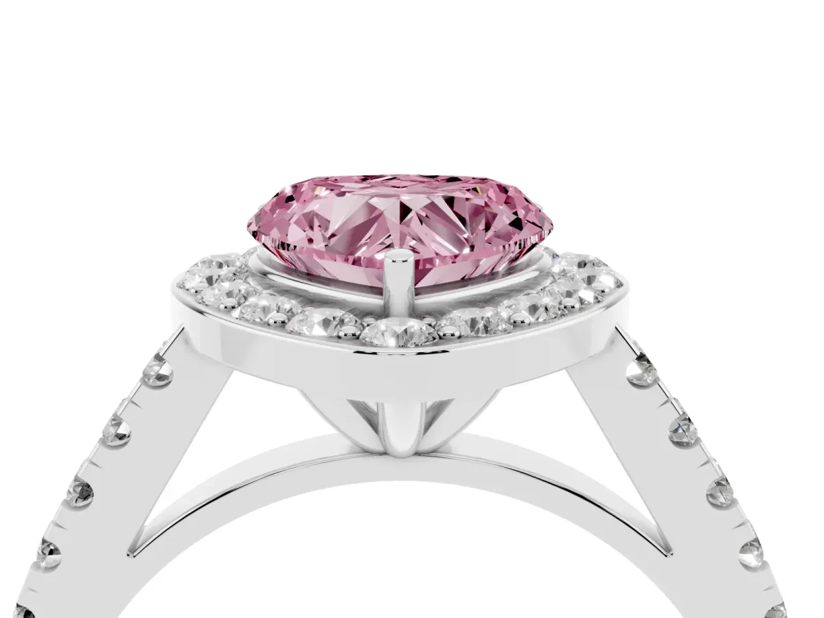 Fancy Pink Heart Cut Diamond Halo Ring with Round Pavé Split Shank and Prong Setting Silver