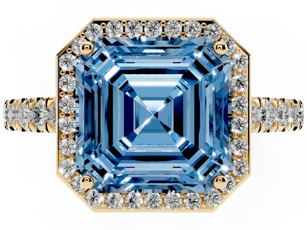 Fancy Blue Asscher Cut Cut Halo Diamond Engagement Ring with Pave Band and Four-Prong Setting Yellow gold