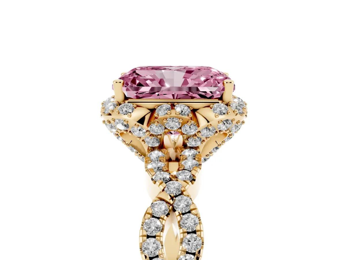 Fancy Pink Radiant Cut Halo Twist Band Solitaire Ring with Six-Prong Setting Yellow gold
