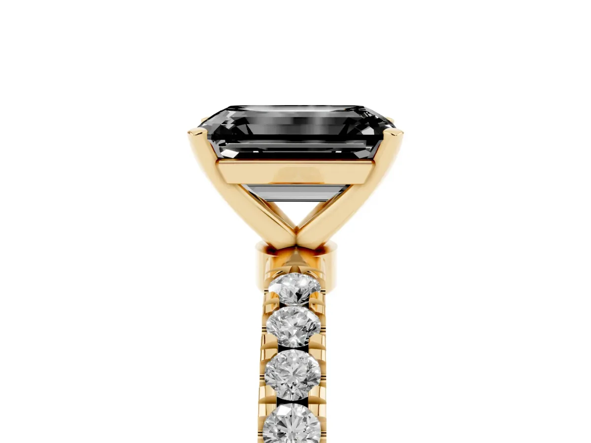 Fancy Black Emerald Cut Diamond Solitaire Ring with Pavé Accents and Four-Prong Setting Yellow gold