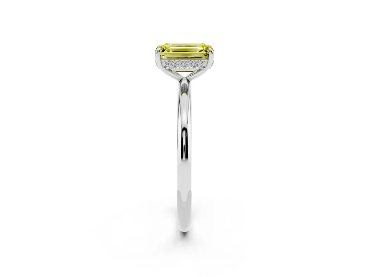 Fancy Yellow Emerald Cut Solitaire Diamond Ring with a Classic Band and Four-Prong Setting Silver