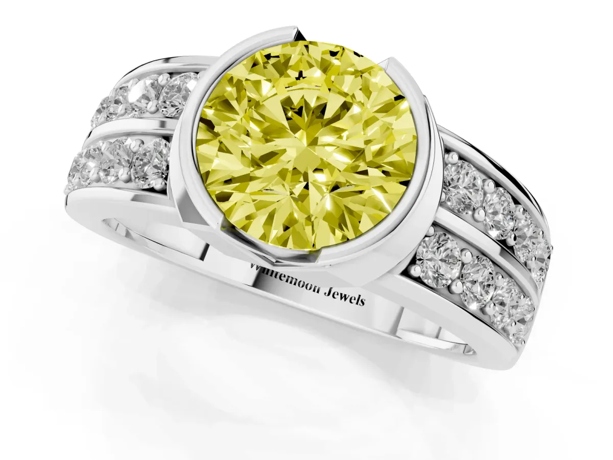Fancy Yellow Round Cut Brilliant Diamond Channel Set Wide Band Ring with Bezel Setting White gold