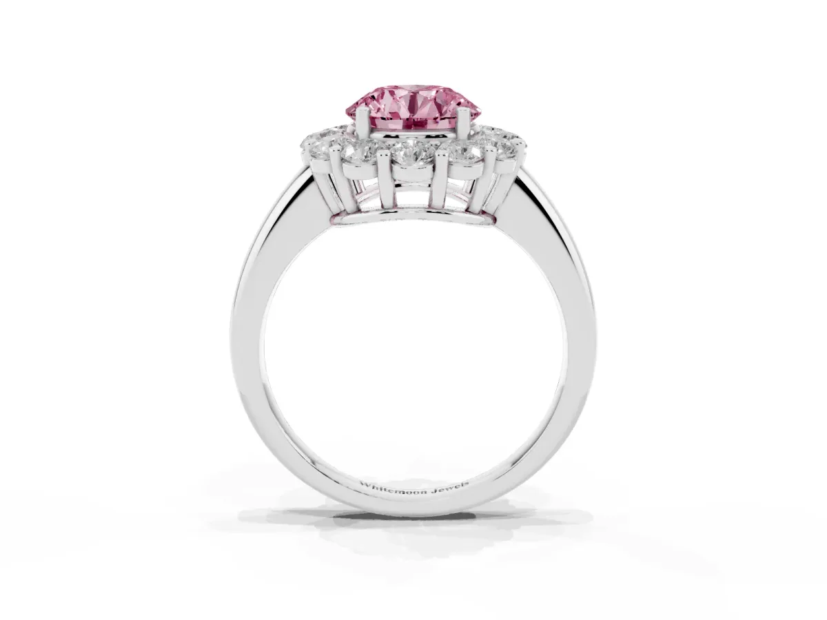 Fancy Pink Round Cut Halo Cluster Diamond Engagement Ring with Prong Setting and Polished Band White gold