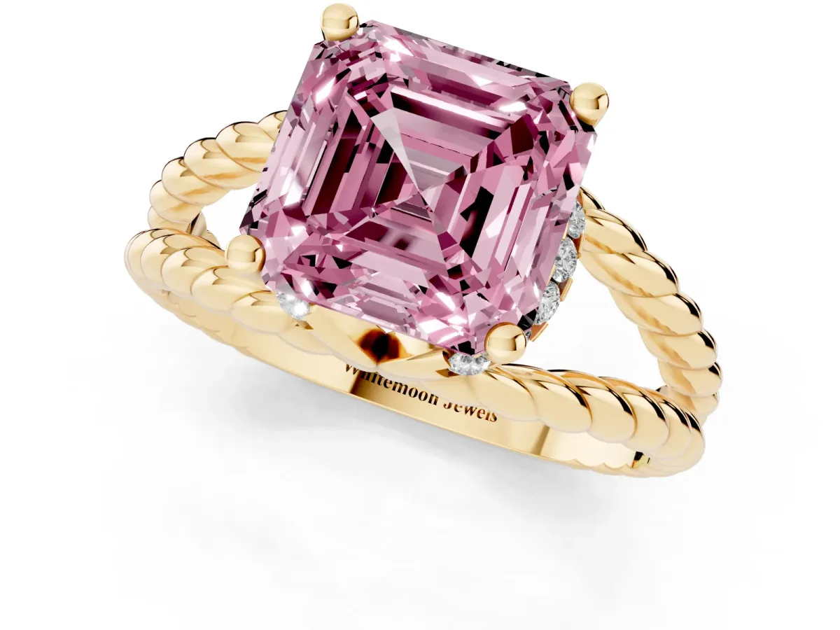 Fancy Pink Asscher Cut Halo Twisted Band Four-Prong Ring Yellow gold