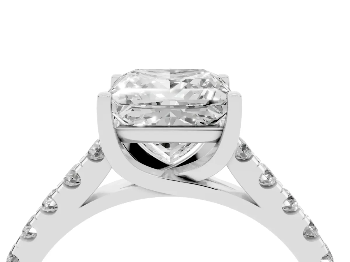 Princess Cut Diamond Pavé Band Solitaire Ring with Prong Setting Silver
