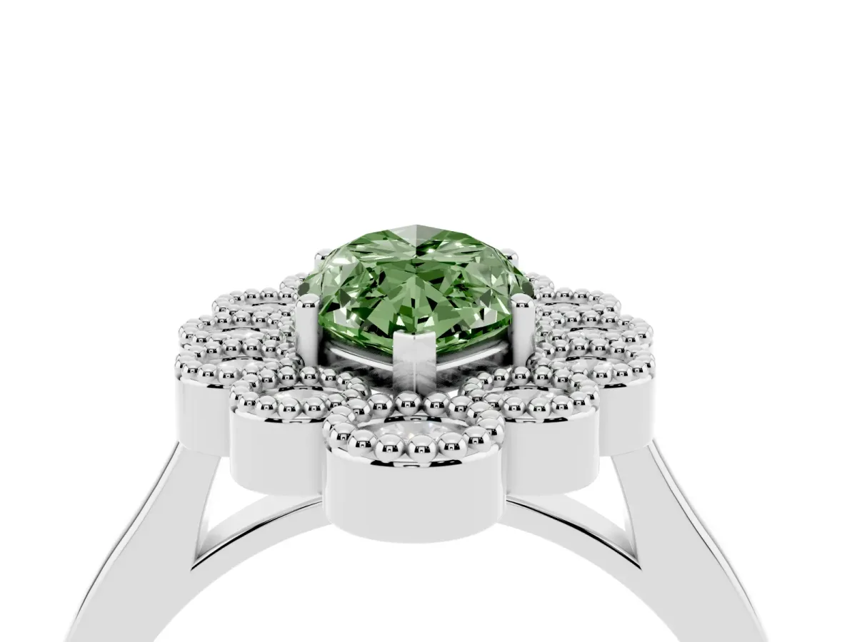 Fancy Green Marquise Cut Halo Diamond Cluster Engagement Ring with Milgrain Bezel Setting and Solitaire Band White gold