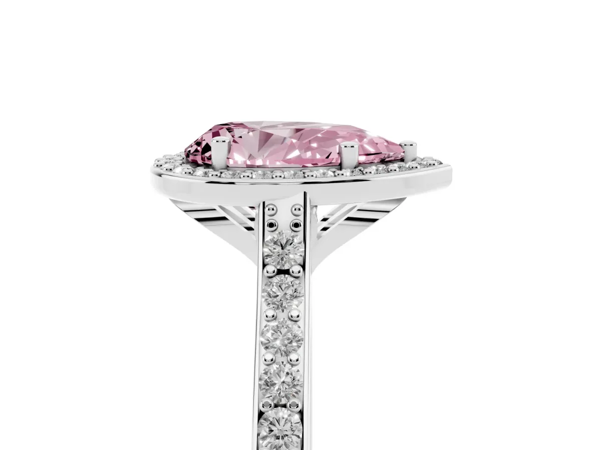Fancy Pink Pear Cut Diamond Halo Engagement Ring with Round Pavé Shoulders and Prong Setting White gold