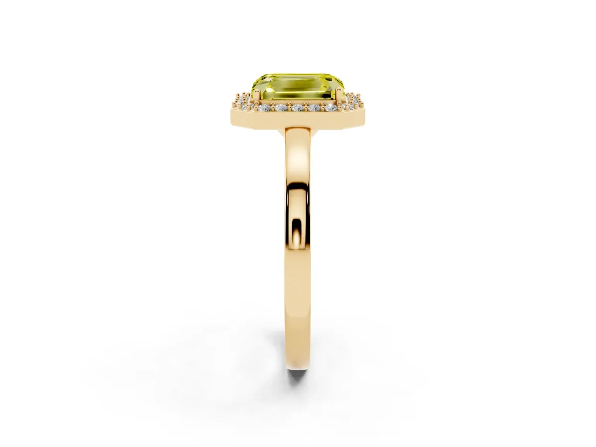 Fancy Yellow Radiant Cut Halo Diamond Ring with Solitaire Band and Prong Setting Yellow gold