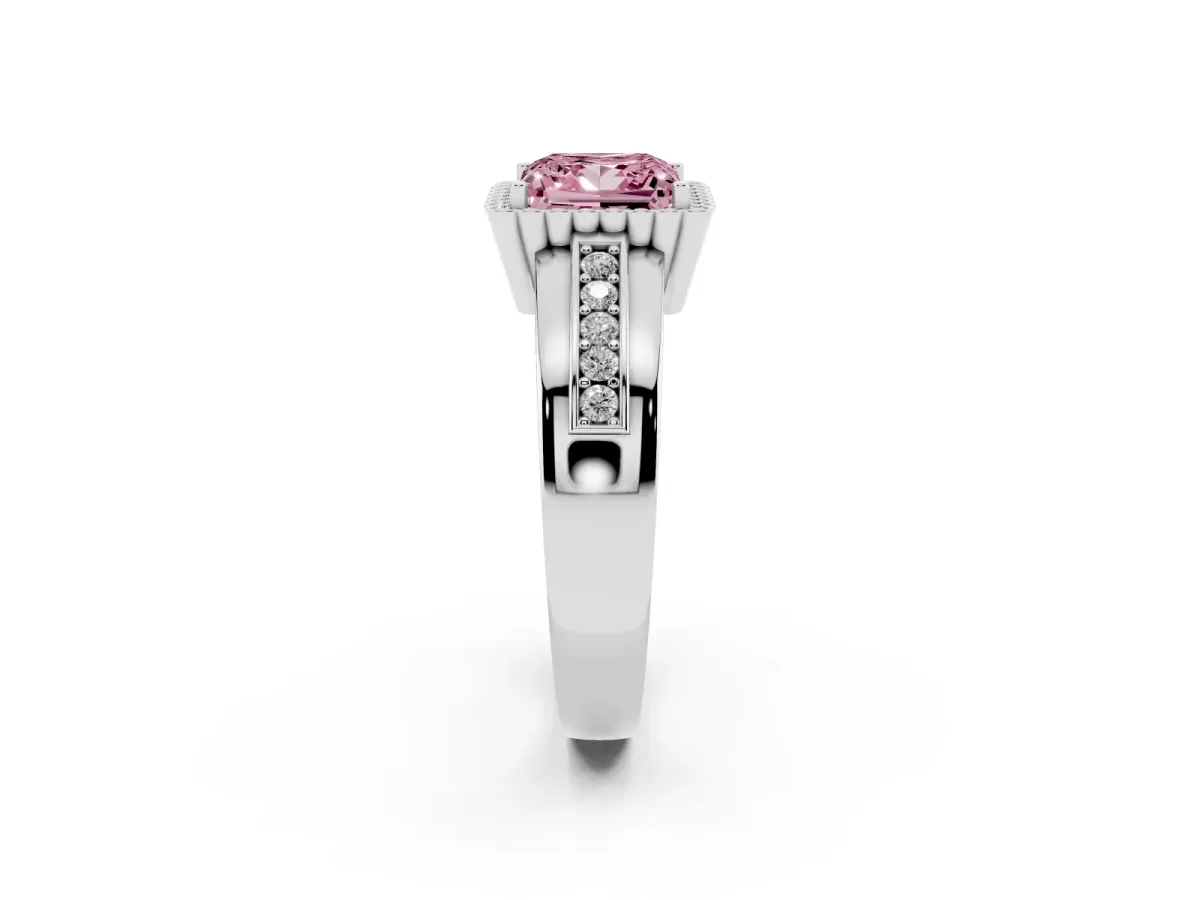 Fancy Pink Princess Cut Cut Halo Pave Band Four-Prong Ring Platinum