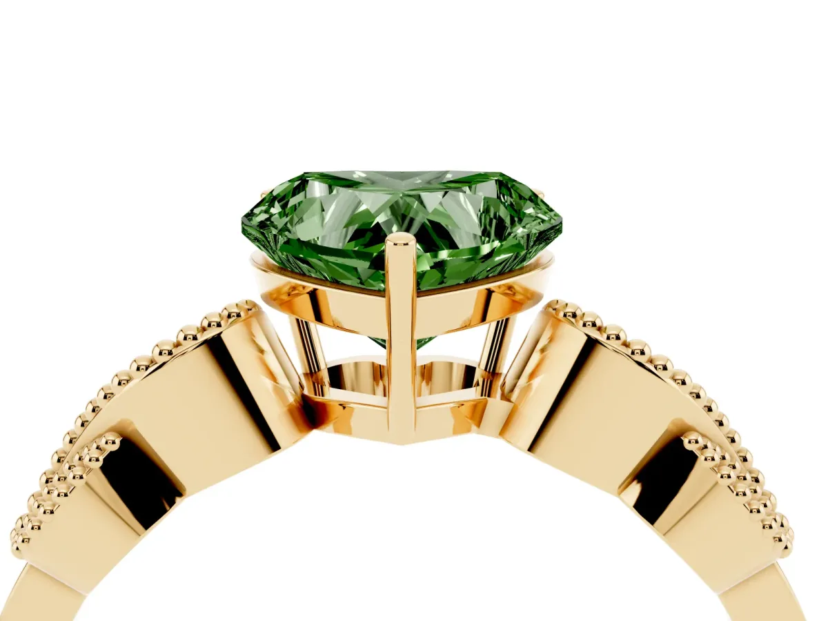 Fancy Green Heart Cut Solitaire Milgrain Leaf Band with Prong Setting Yellow gold