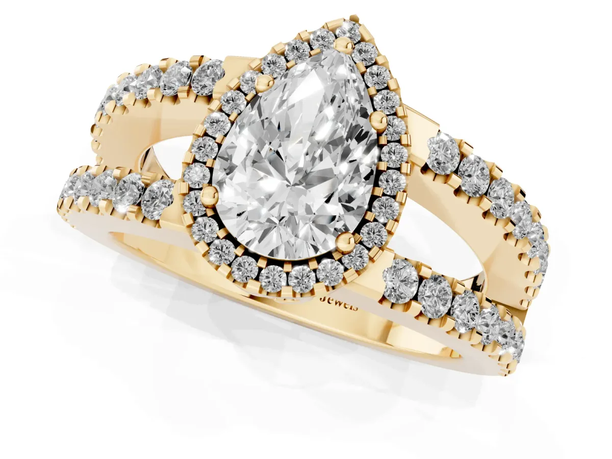 Pear Cut Cut Halo Split Shank Diamond Ring with Four-Prong Setting Yellow gold