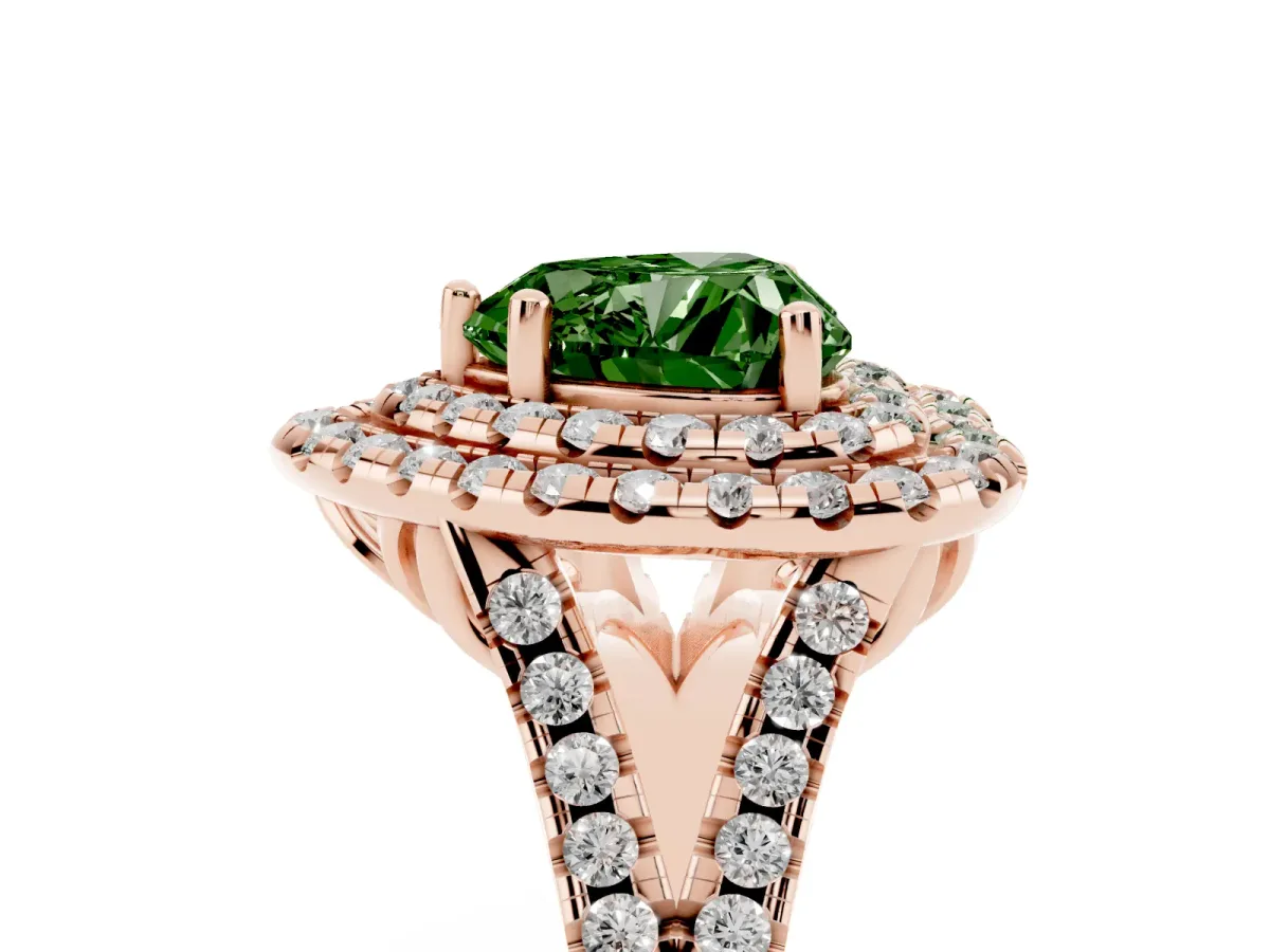 Fancy Green Double Halo Heart Cut Diamond Pavé Split Shank Ring with Prong Setting Rose gold