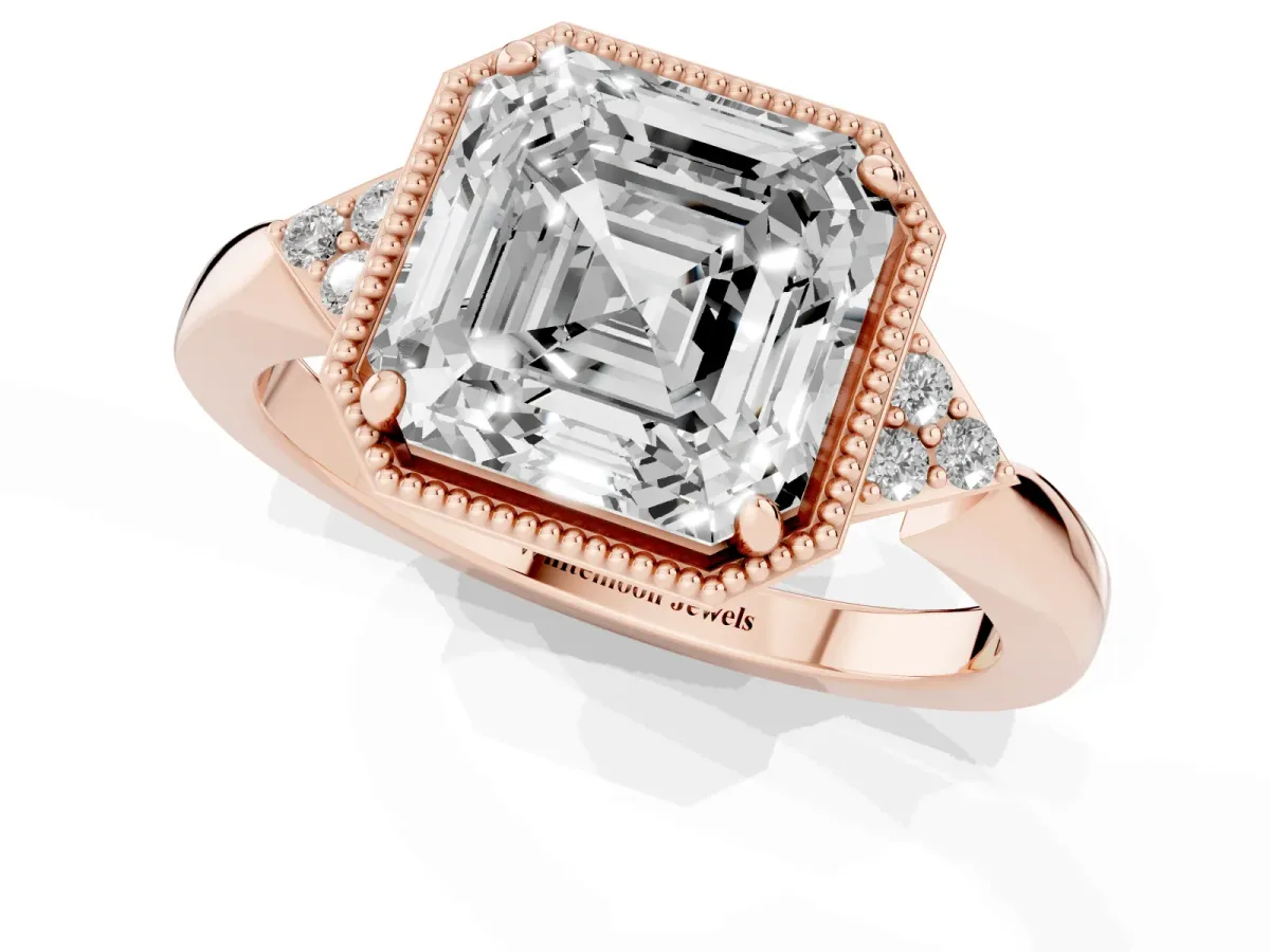 Hexagonal Halo Asscher Cut Diamond Solitaire with Pavé Band and Four-Prong Setting Rose gold