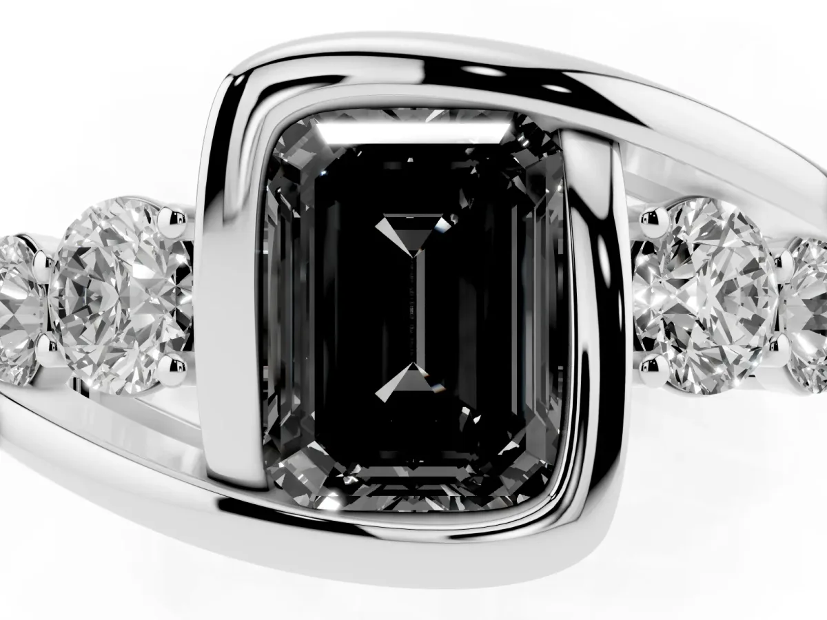 Fancy Black Bezel Set Emerald Cut Diamond Bypass Ring with Round Accents White gold