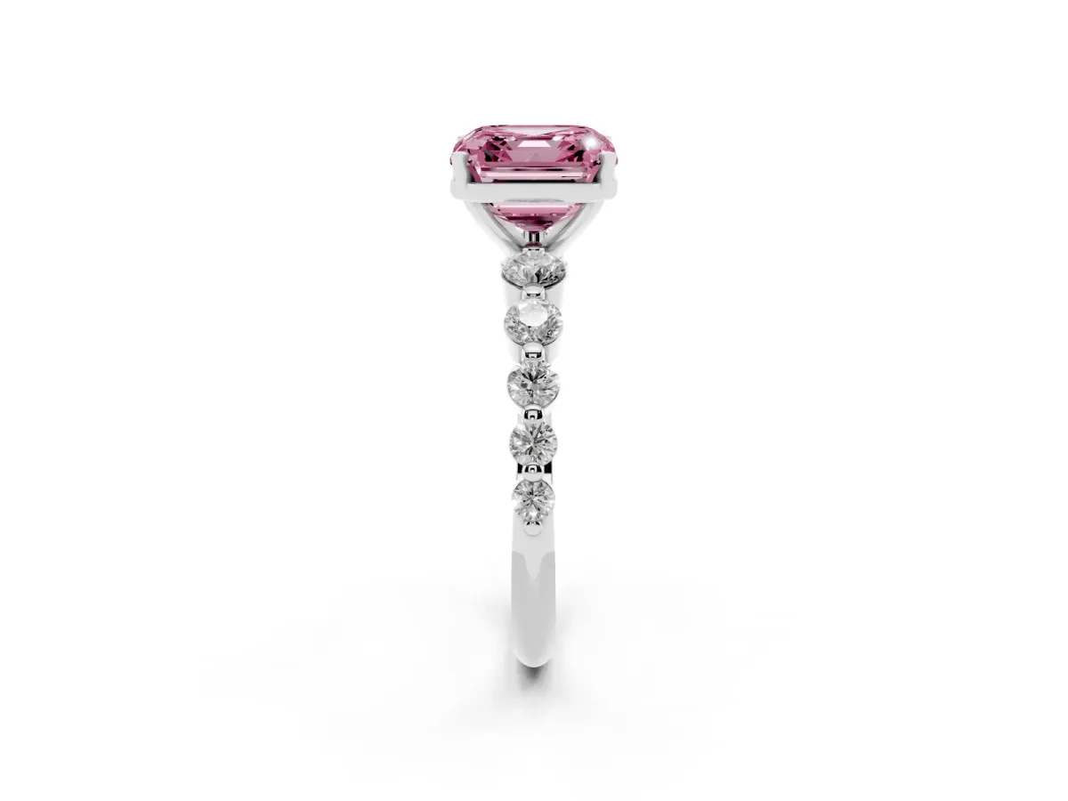 Fancy Pink Asscher Cut Solitaire Diamond Ring with Pave Band and Four-Prong Setting Silver