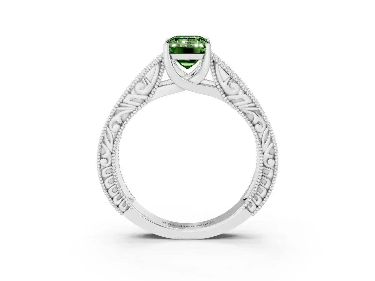 Fancy Green Emerald Cut Diamond Solitaire Ring with Engraved Band and Four-Prong Setting White gold