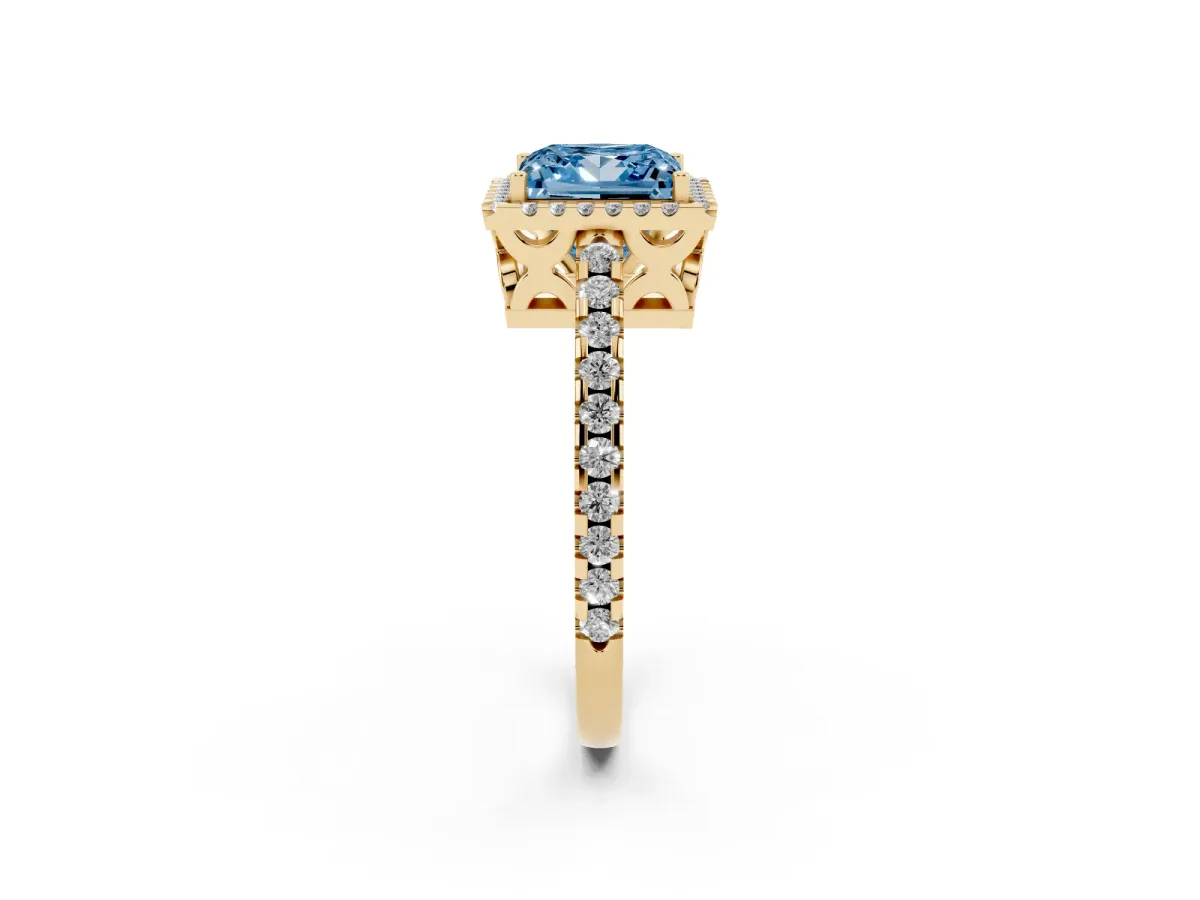 Fancy Blue Princess Cut Diamond Halo Engagement Ring with Pavé Band and Prong Setting Yellow gold