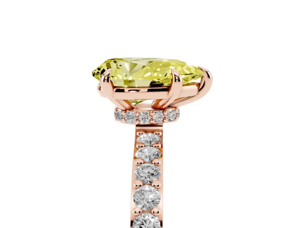 Fancy Yellow Pear Cut Diamond Pavé Engagement Ring with Round Accents and Prong Setting Rose gold