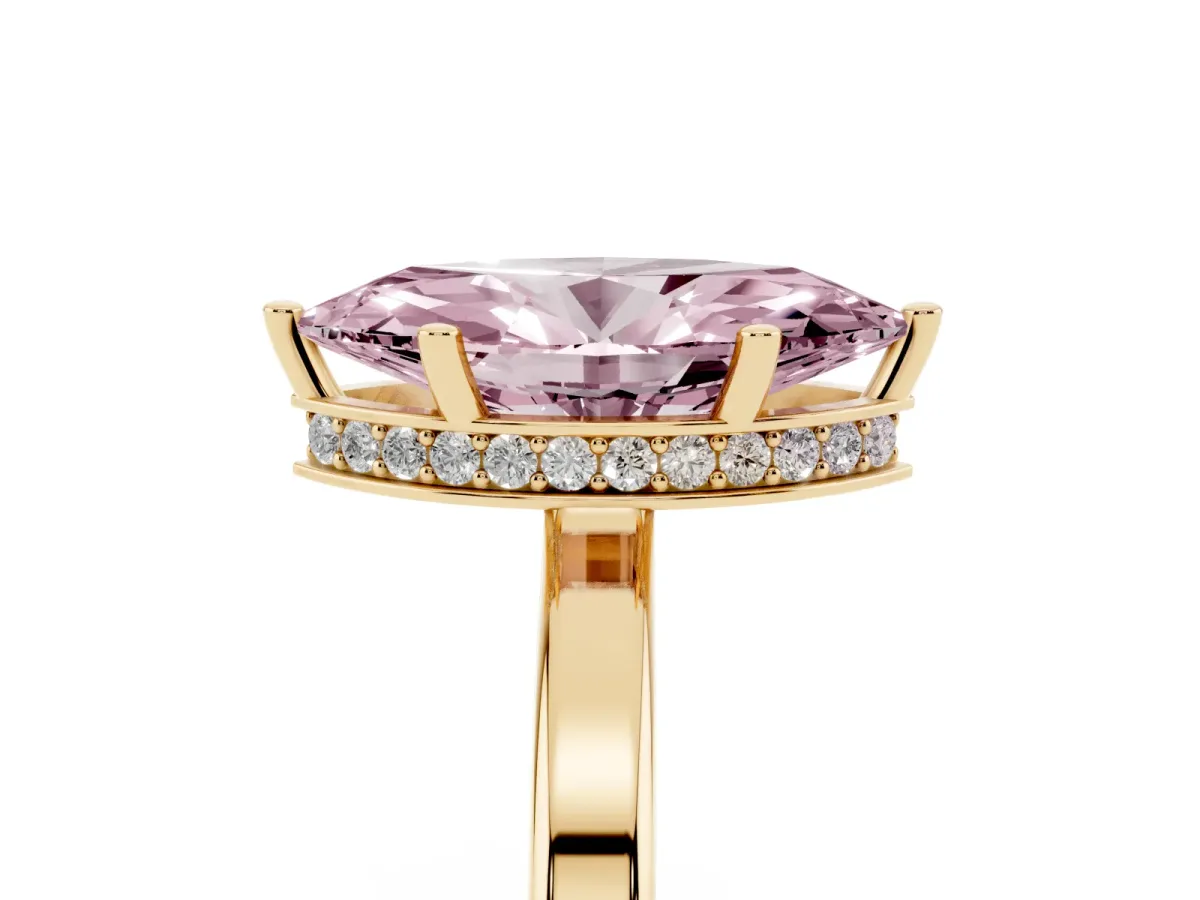 Fancy Pink Marquise Cut Cut Solitaire Engagement Ring with Four-Prong Setting on a Classic Band Yellow gold
