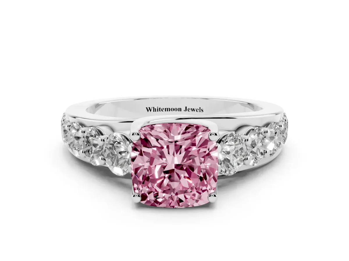 Fancy Pink Cushion Cut Diamond Engagement Ring with Pavé Band and Four-Prong Setting Silver
