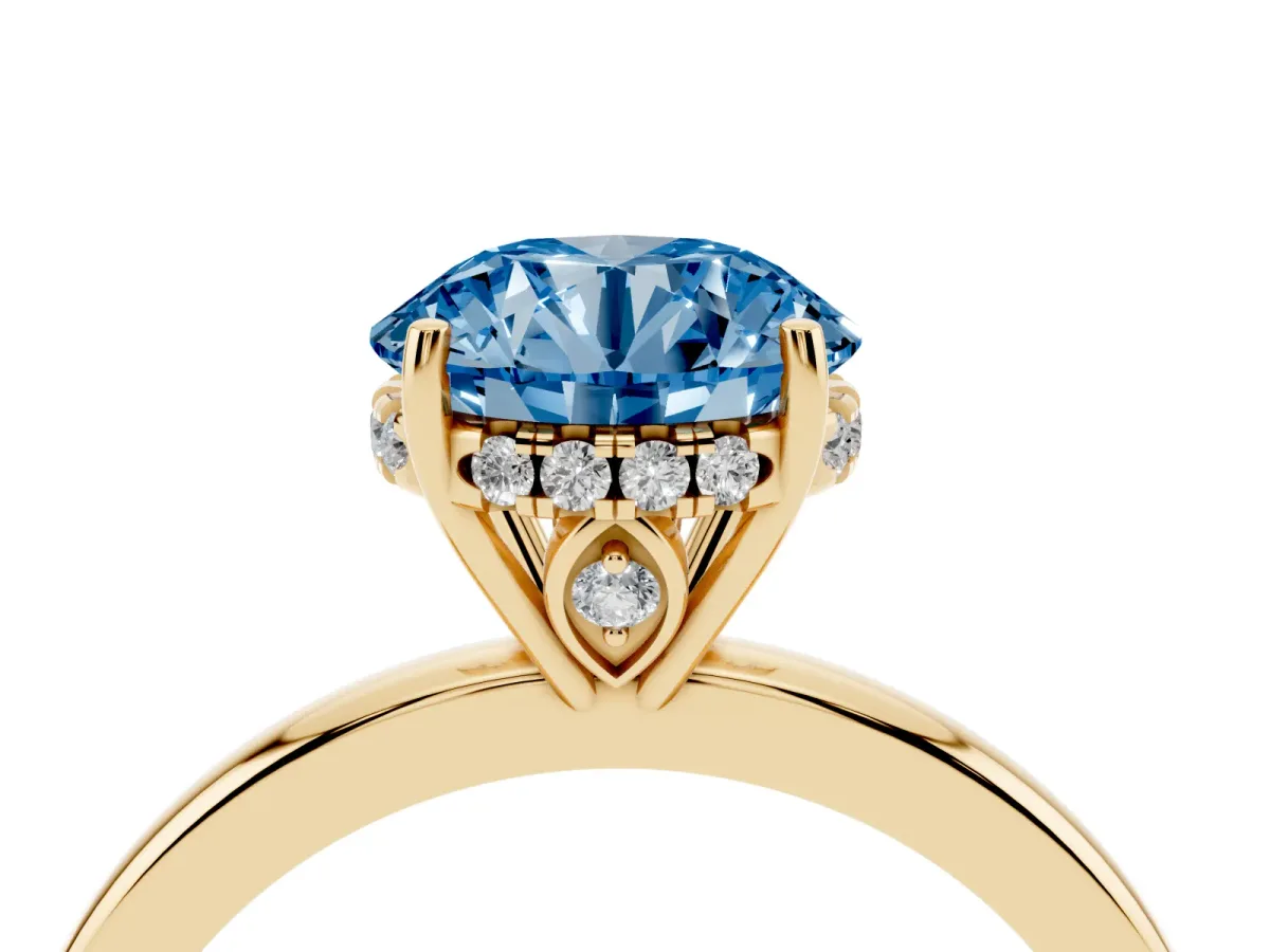 Fancy Blue Round Cut Solitaire Diamond Ring with Prong Setting and Plain Band Yellow gold