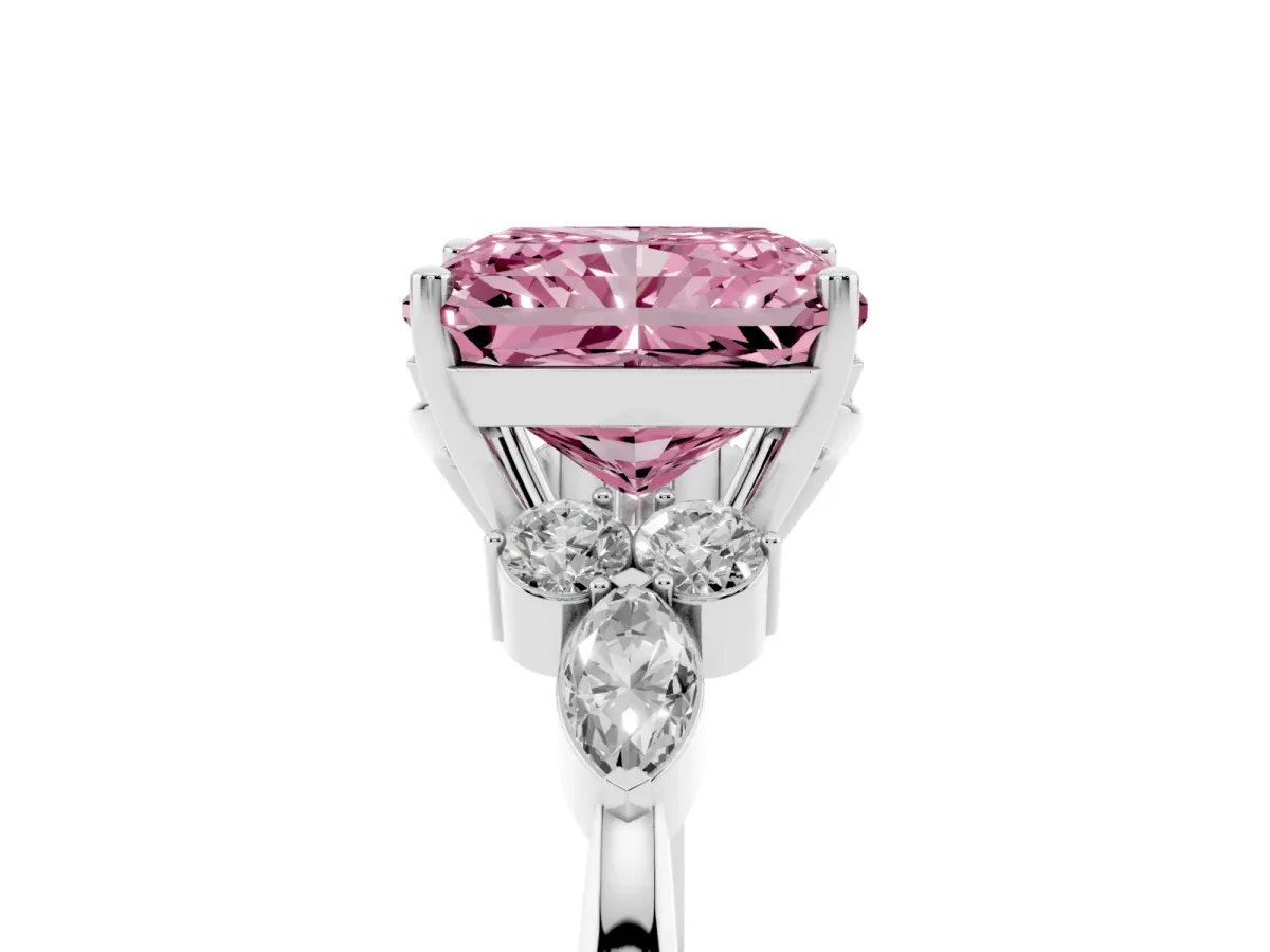Fancy Pink Radiant Cut Brilliant Diamond Solitaire Ring with Pear Side Stones and Four-Prong Setting Platinum