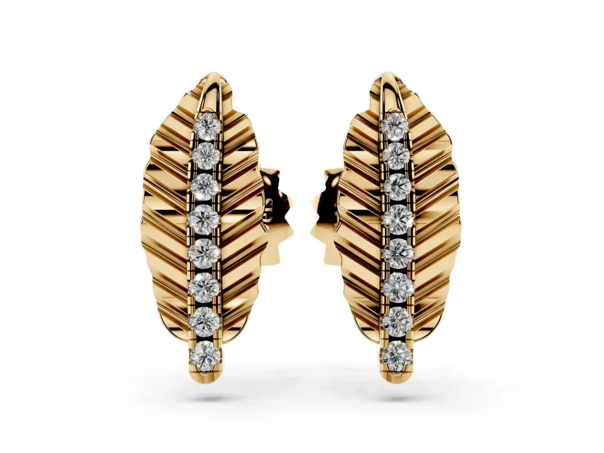 Round Diamond Leaf Stud Earrings Yellow gold
