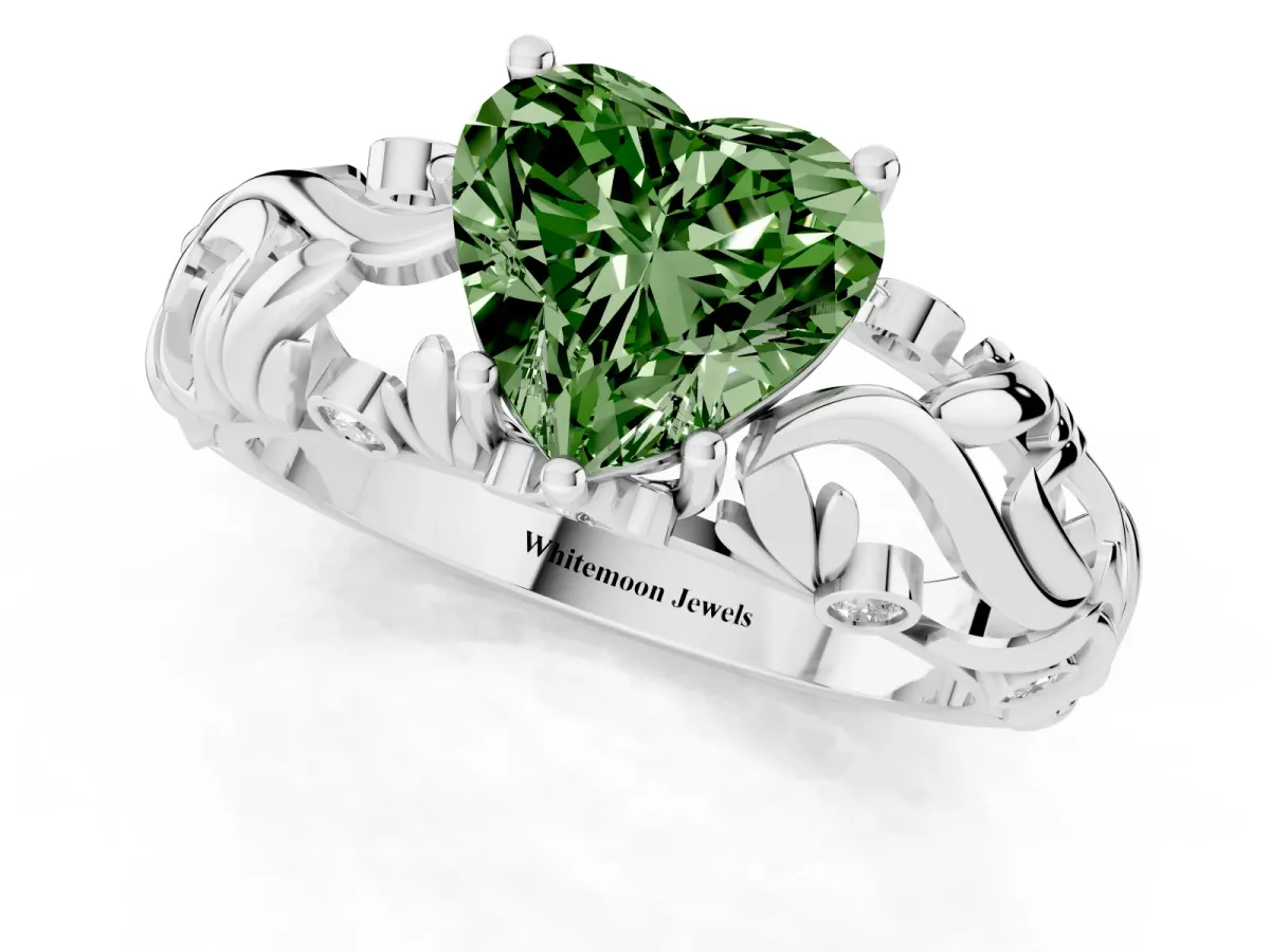 Fancy Green Heart Cut Solitaire Diamond Leaf-Inspired Vine Band Ring with Prong Setting Silver