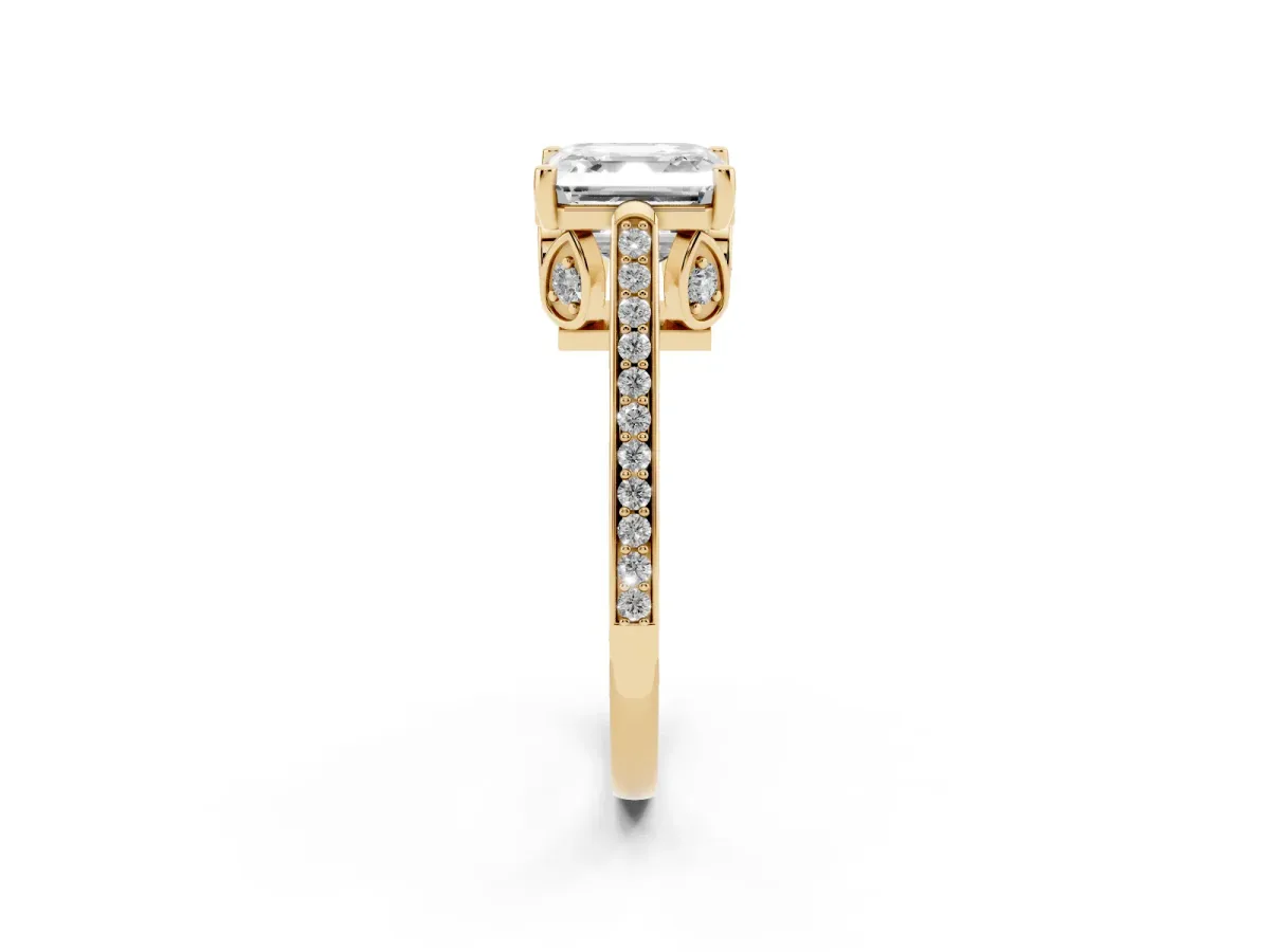 Asscher Cut Cut Cathedral Pave Diamond Engagement Ring with Six-Prong Setting Yellow gold