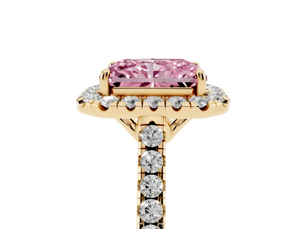 Fancy Pink Radiant Cut Halo Pavé Diamond Engagement Ring with Four-Prong Setting Yellow gold