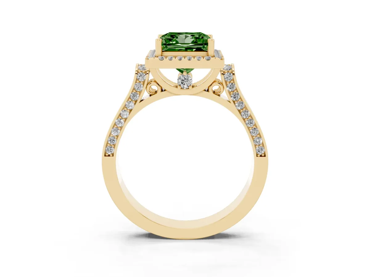 Fancy Green Princess Cut Halo Round Diamond Twist Band with Four-Prong Setting Yellow gold