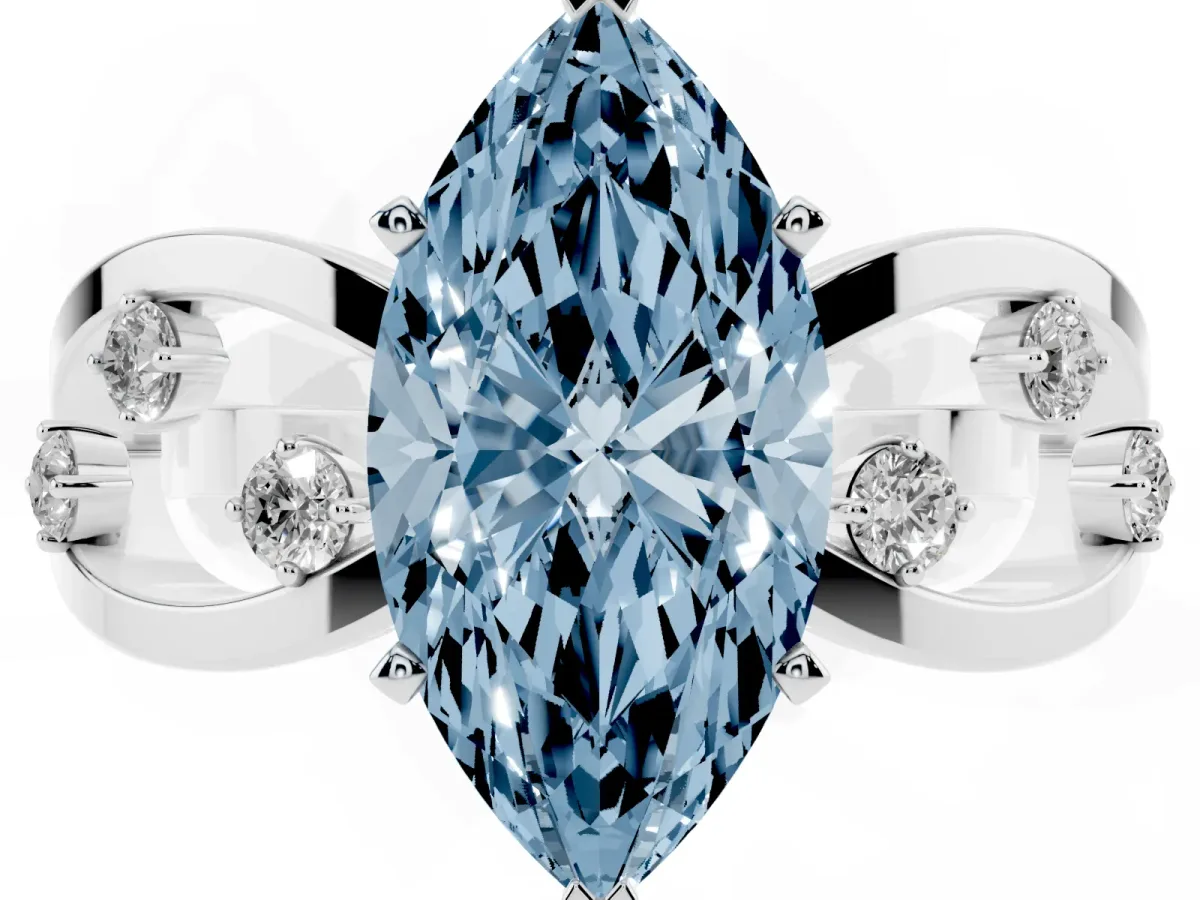 Fancy Blue Marquise Cut Cut Solitaire Diamond with Side Stones on Criss-Cross Band and Four-Prong Setting Silver