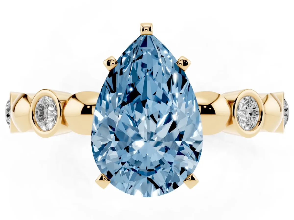 Fancy Blue Pear Cut Solitaire Bezel-Set Diamond Ring with Beaded Band and Four-Prong Setting Yellow gold