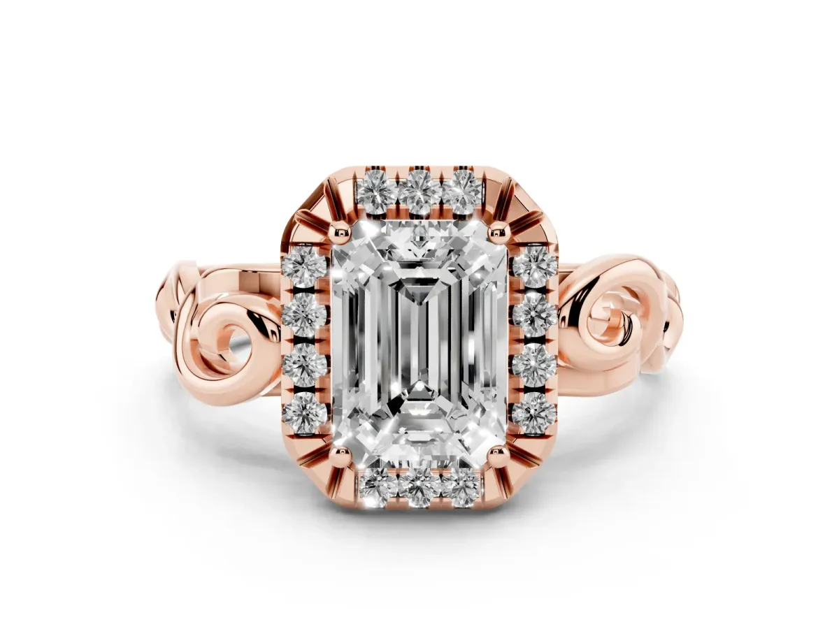 Emerald Cut Cut Halo Diamond Ring with Scrollwork Band and Four-Prong Setting Rose gold