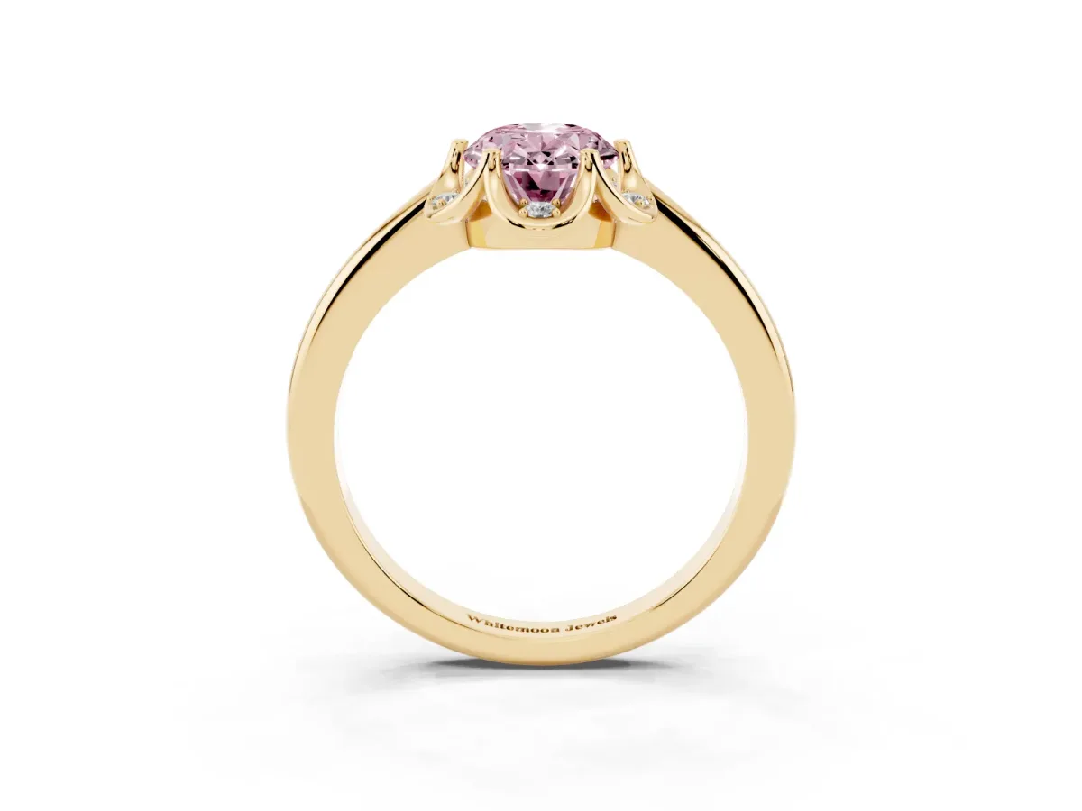 Fancy Pink Oval Cut Halo Diamond Ring with Round Cluster Setting, Solitaire Band, and Four-Prong Setting Yellow gold