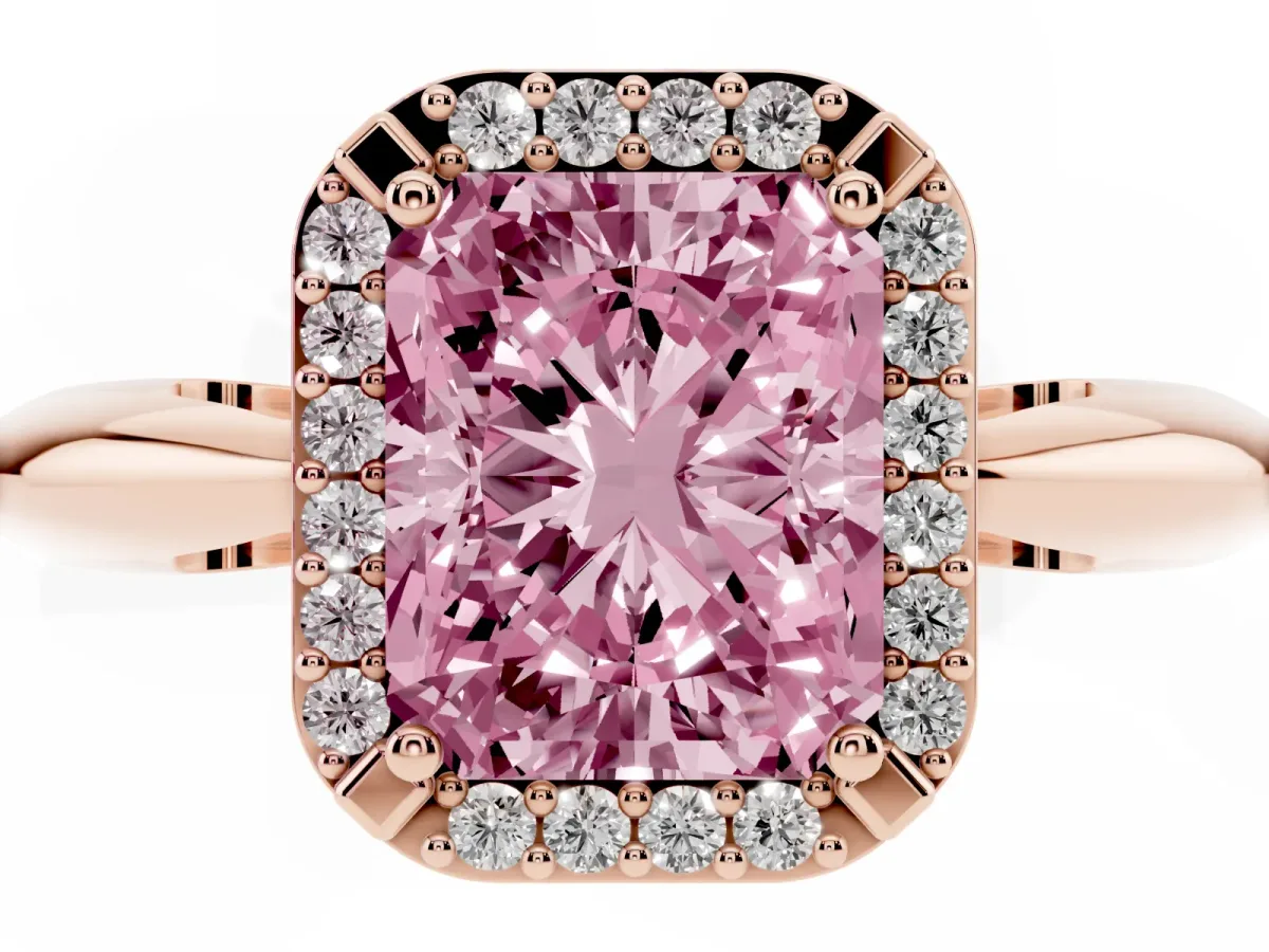Fancy Pink Radiant Cut Cut Diamond Halo Engagement Ring with Split Shank and Four-Prong Setting Rose gold