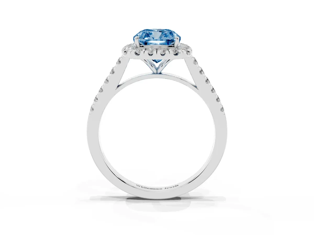 Fancy Blue Cushion Cut Halo Pave Diamond Engagement Ring with Four-Prong Setting Silver