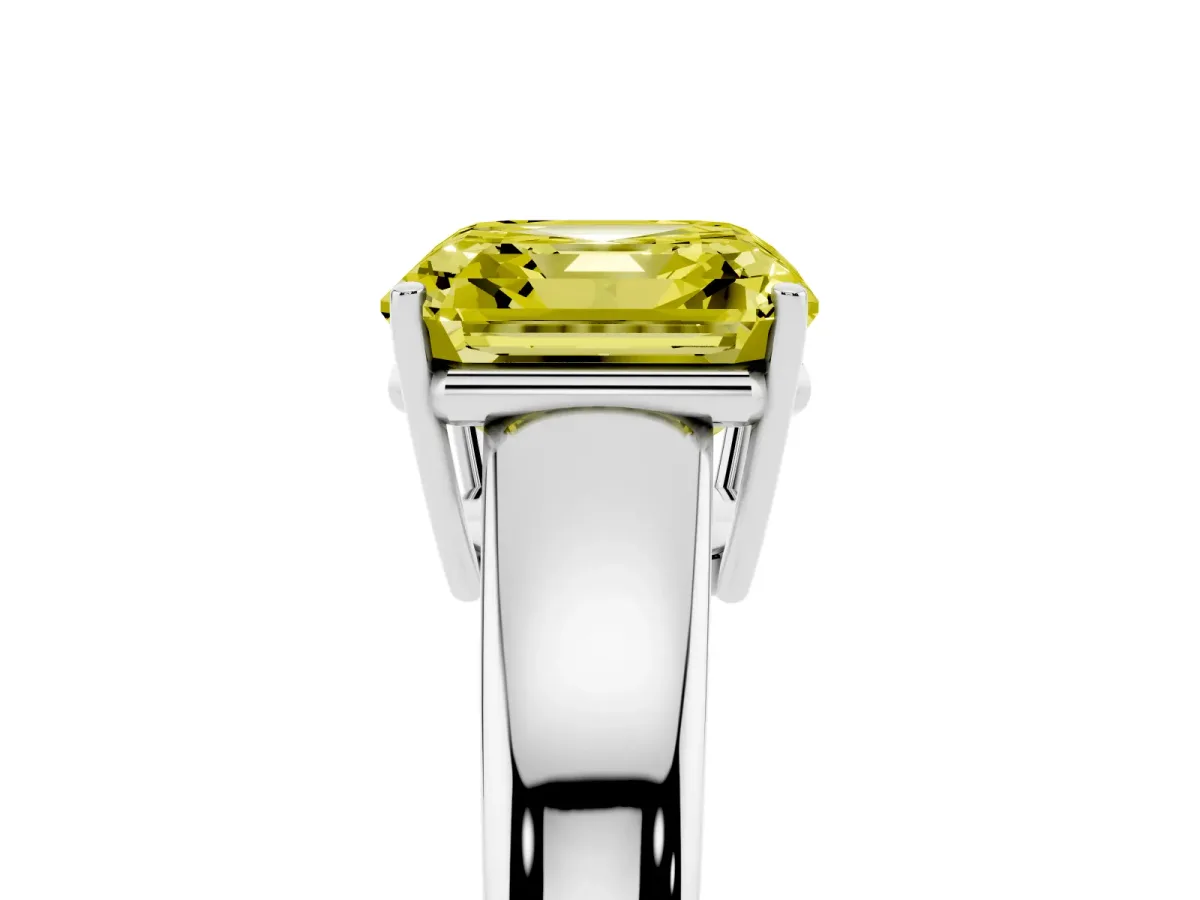 Fancy Yellow Asscher Cut Solitaire Diamond Ring with Tapered Band and Four-Prong Setting Silver