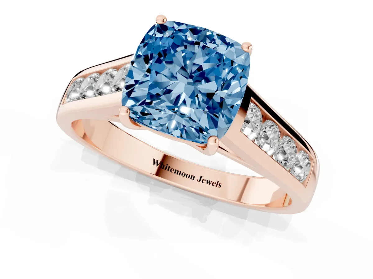 Fancy Blue Cushion Cut Solitaire Channel-Set Diamond Engagement Ring with Four-Prong Setting Rose gold